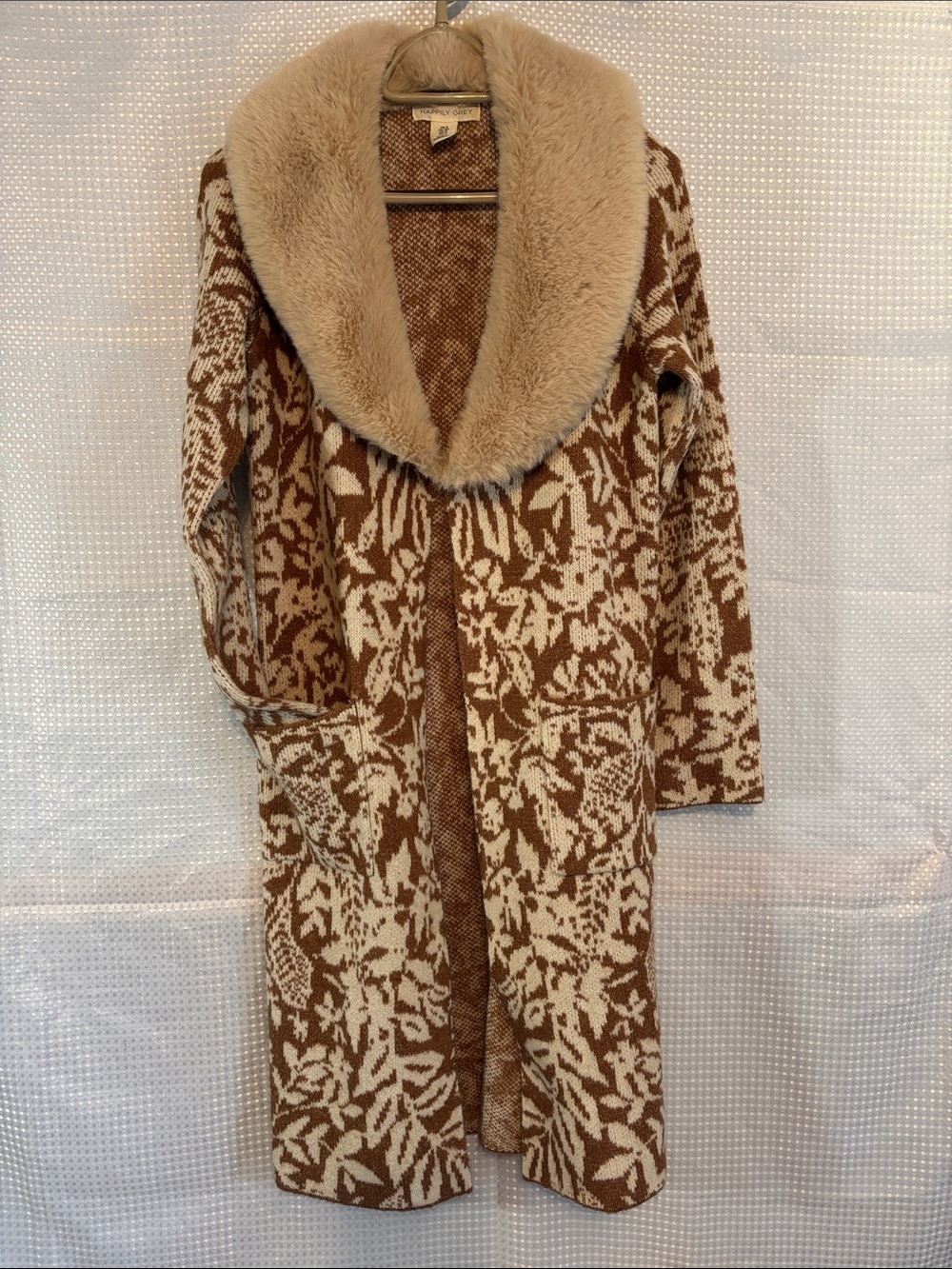 Long knit fur collar duster Cardigan open front small front - Picture 3 of 4